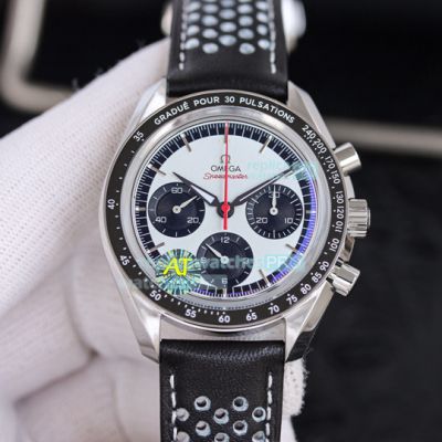 AT Factory Replica Omega Speedmaster Panda Chronograph Dial Black Leather Strap Watch 42mm